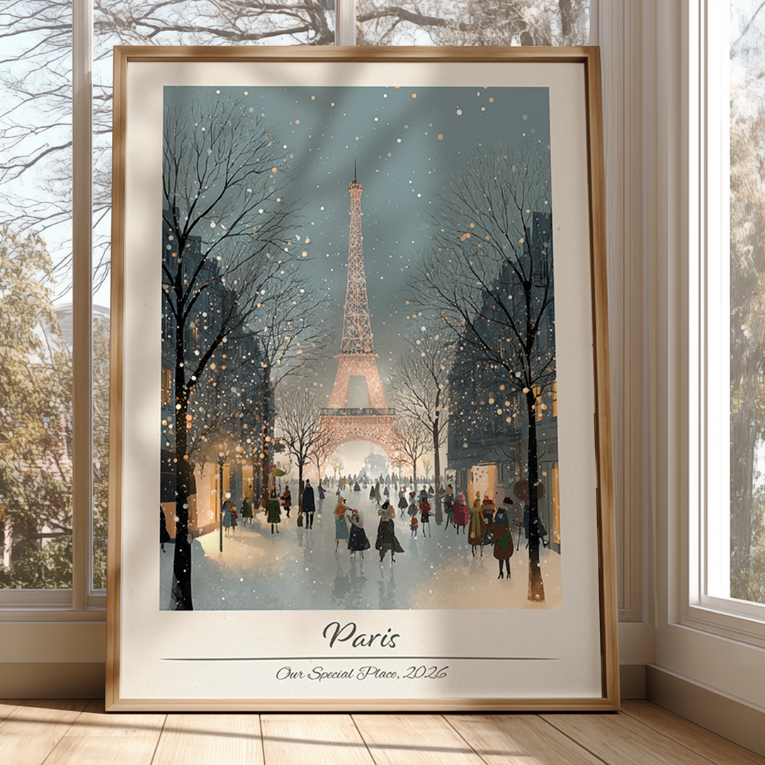 Framed artwork of the Eiffel Tower in Paris with people walking around, displayed in a room with large windows.