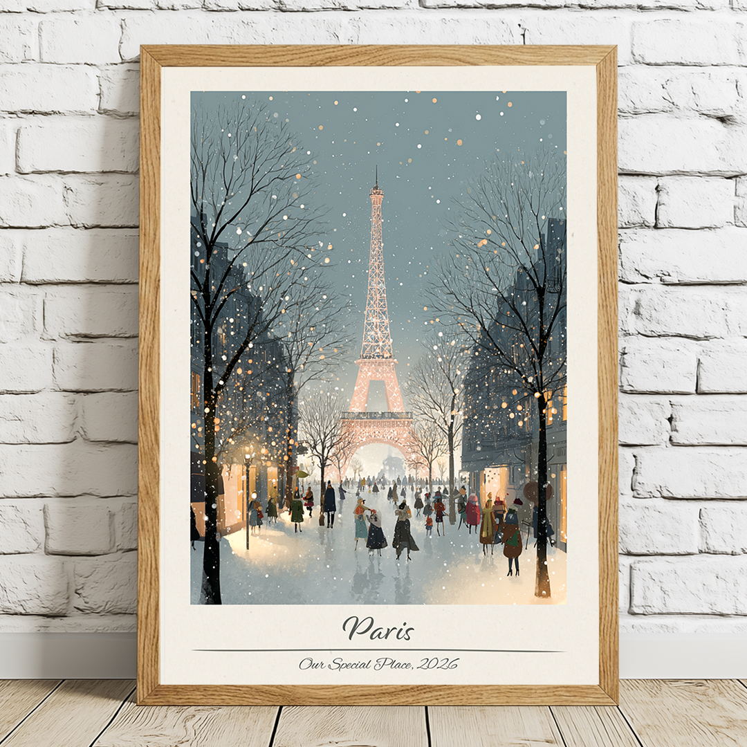 Framed artwork of the Eiffel Tower in Paris with people walking on a snowy street.