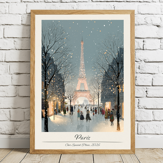 Framed artwork of the Eiffel Tower in Paris with people walking on a snowy street.