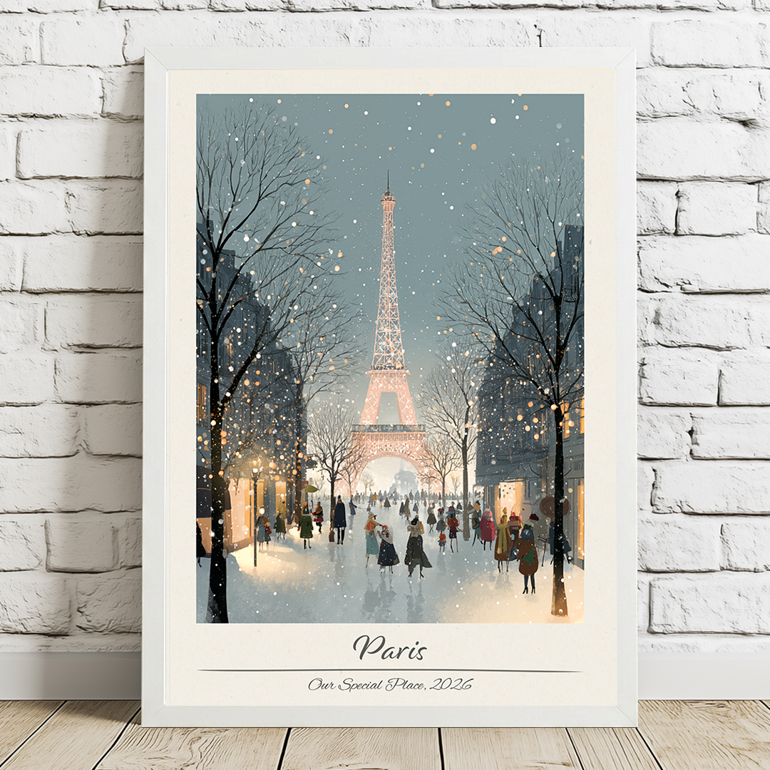 Framed artwork of the Eiffel Tower in Paris with people walking on a snowy street.