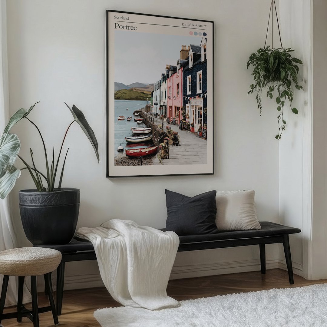 Living room with a bench, cushions, and a framed picture of Portree on the wall.