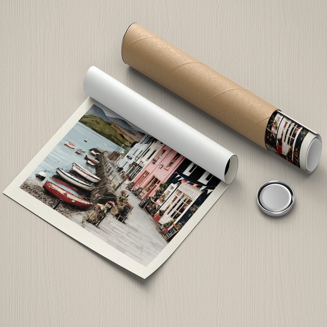 Rolled-up poster with a scenic print of a coastal town, unrolled on a textured surface.