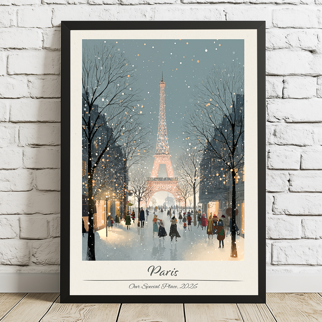 Framed artwork of the Eiffel Tower in Paris with people walking on a snowy street.