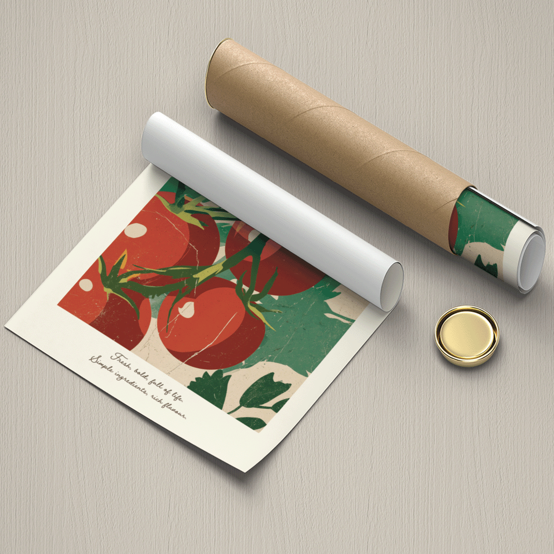 A rolled sheet of decorative paper or poster print with a tomato illustration, shown partly unrolled beside a brown cardboard mailing tube and a small round gold cap on a light gray surface.