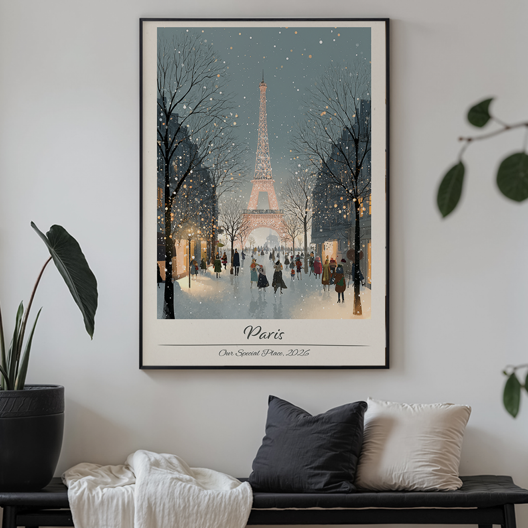 Framed artwork of the Eiffel Tower in Paris on a wall above a bench with cushions.