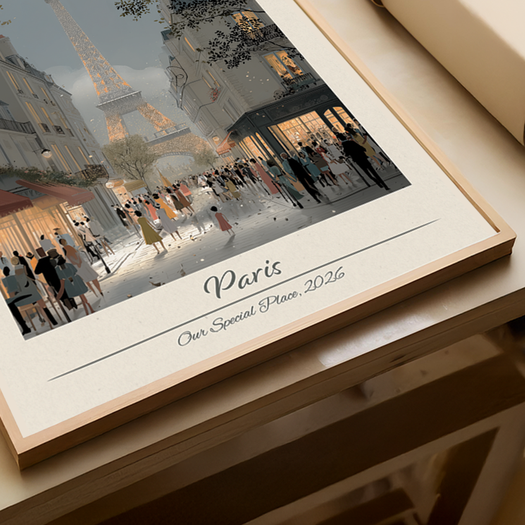Framed artwork of a Parisian scene with the Eiffel Tower, titled 'Paris: Our Special Place, 2026'.