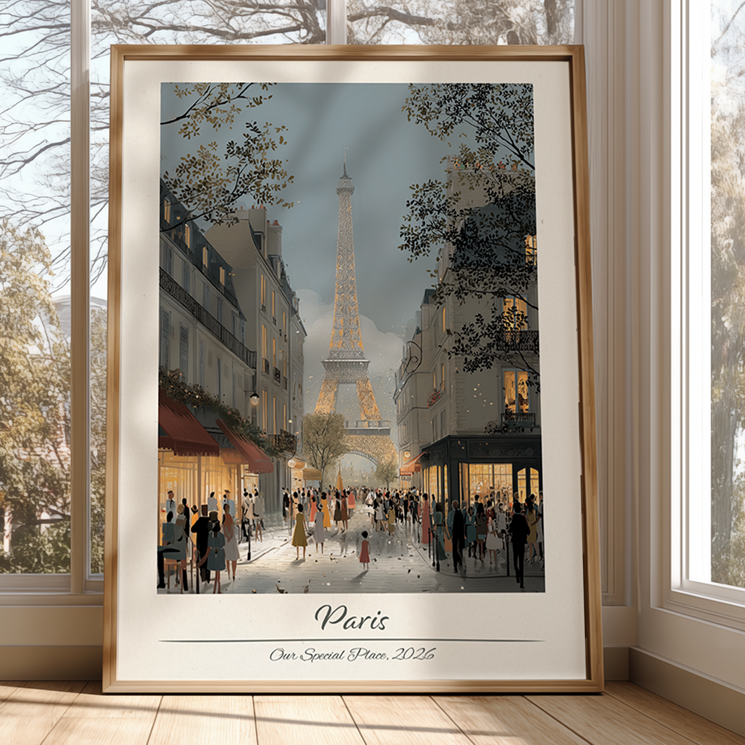 Framed artwork of the Eiffel Tower in Paris with people walking on a street.