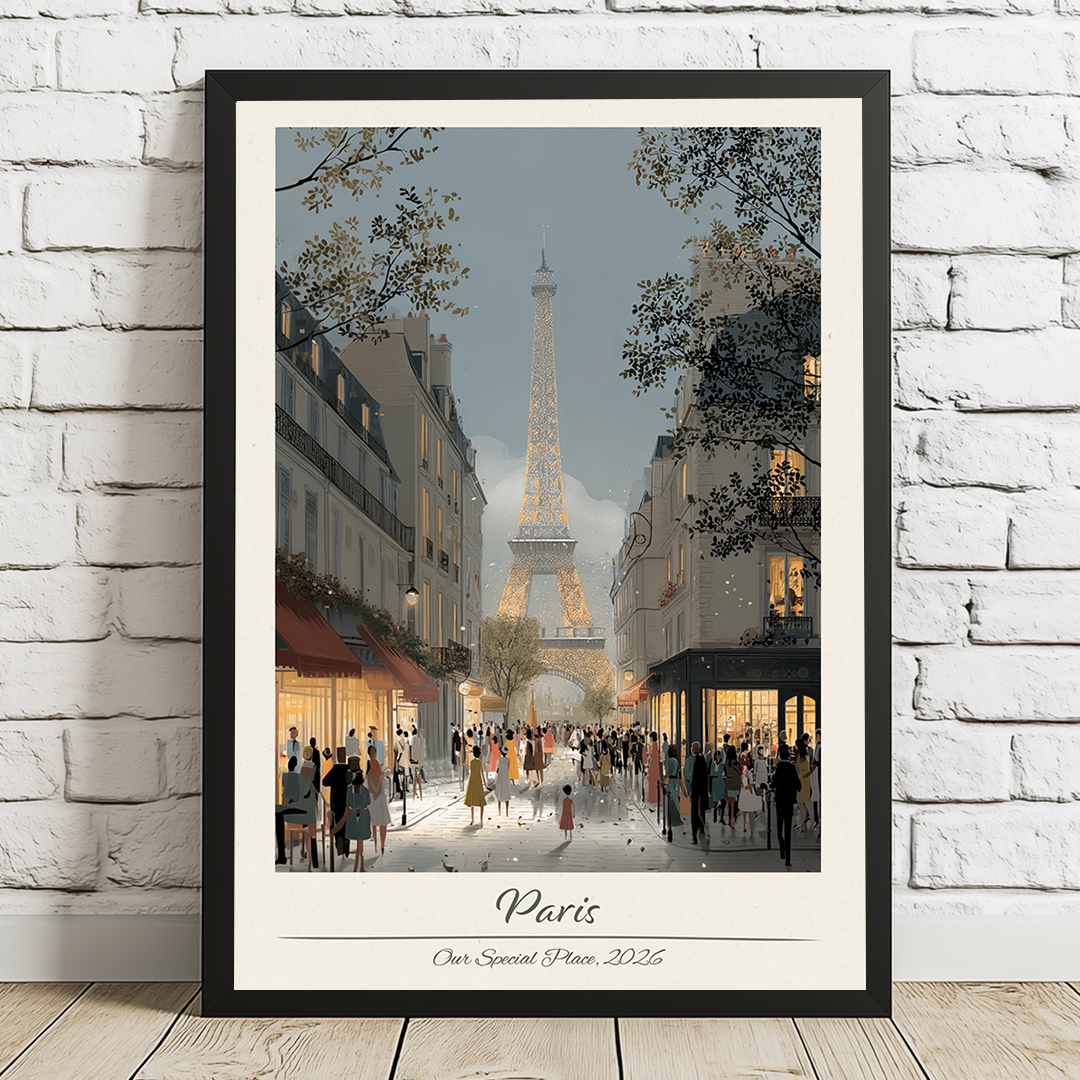 Framed artwork of Paris with the Eiffel Tower on a white brick wall.