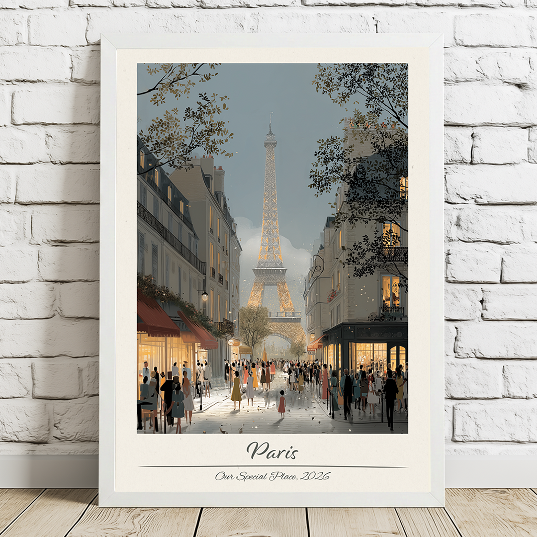 Framed artwork of the Eiffel Tower in Paris with people walking on a street.