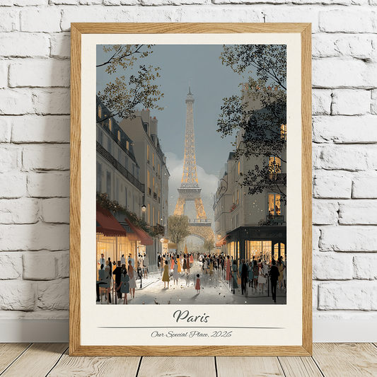 Framed artwork of Paris with the Eiffel Tower on a white brick wall.