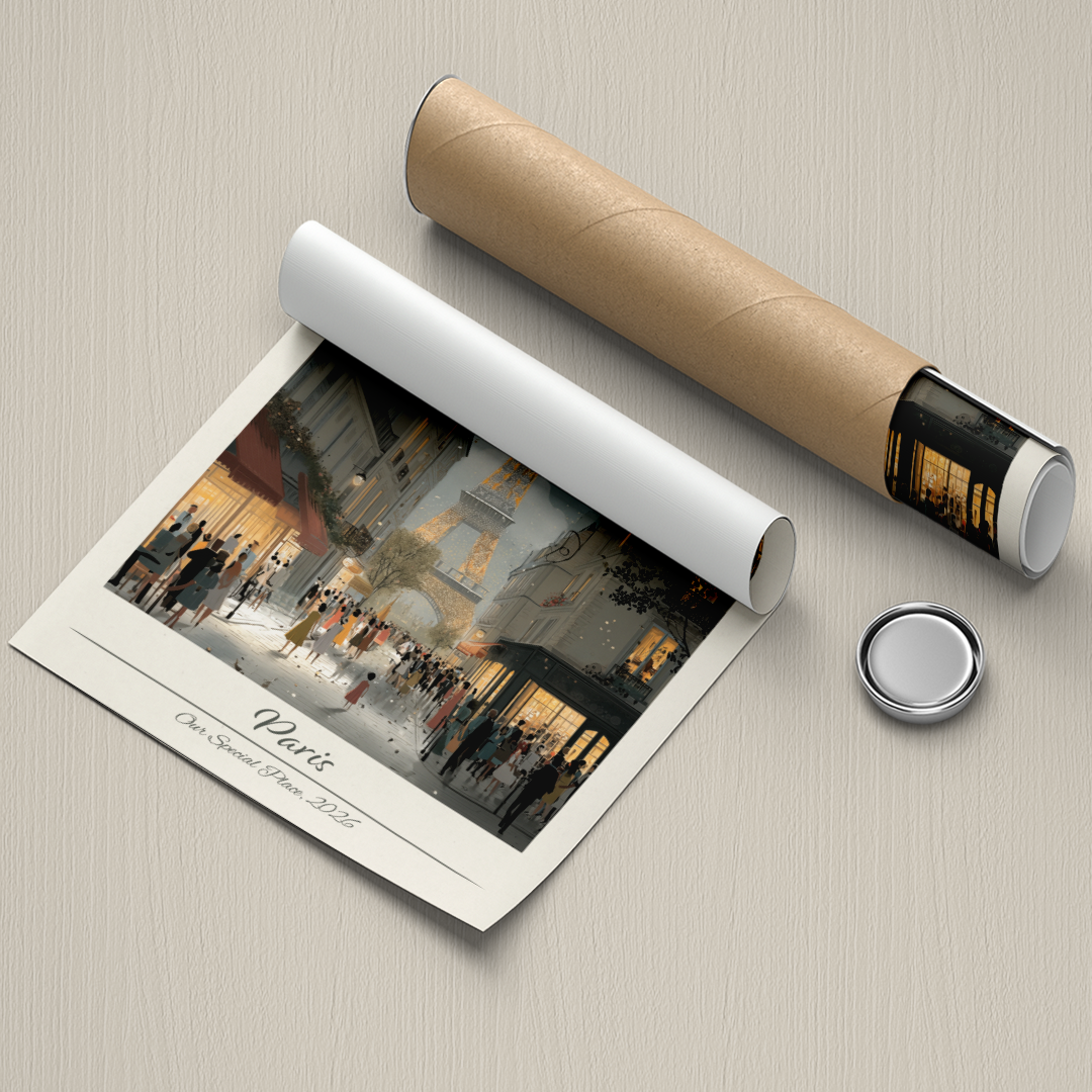 Roll of paper with a printed design and a cylindrical object on a textured surface