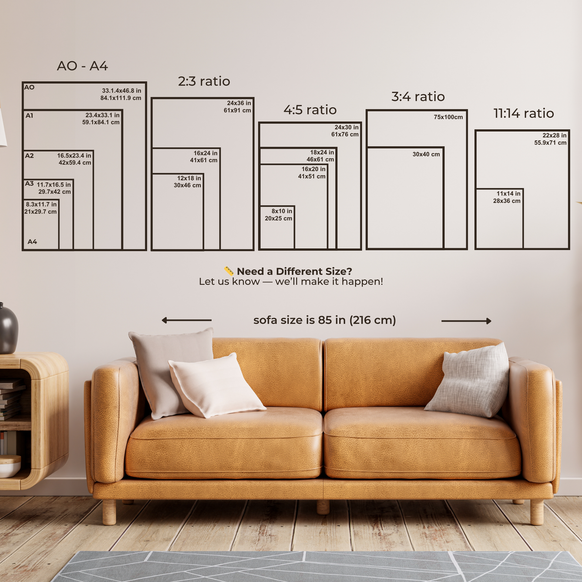 Brown sofa with size chart in a room setting