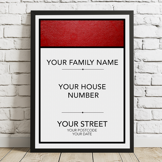 Premium monopoly inspired personalised house number print with leather-textured top panel and modern typography layout.