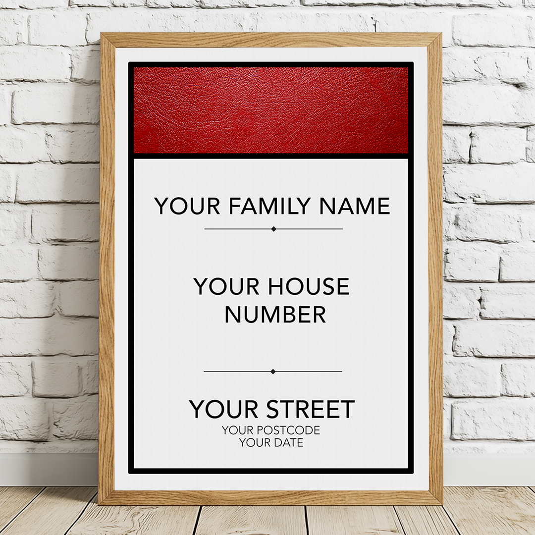 Premium monopoly inspired personalised house number print with leather-textured top panel and modern typography layout in an oak frame