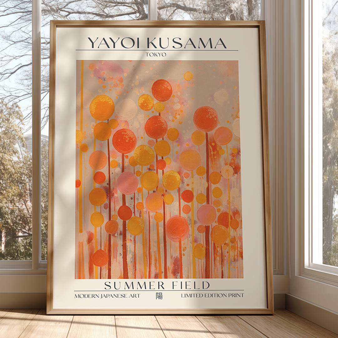 Framed Yayoi Kusama art print titled 'Summer Field' in a room with windows.