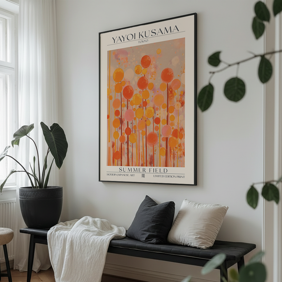 Living room with a bench, cushions, and a Yayoi Kusama art print on the wall.