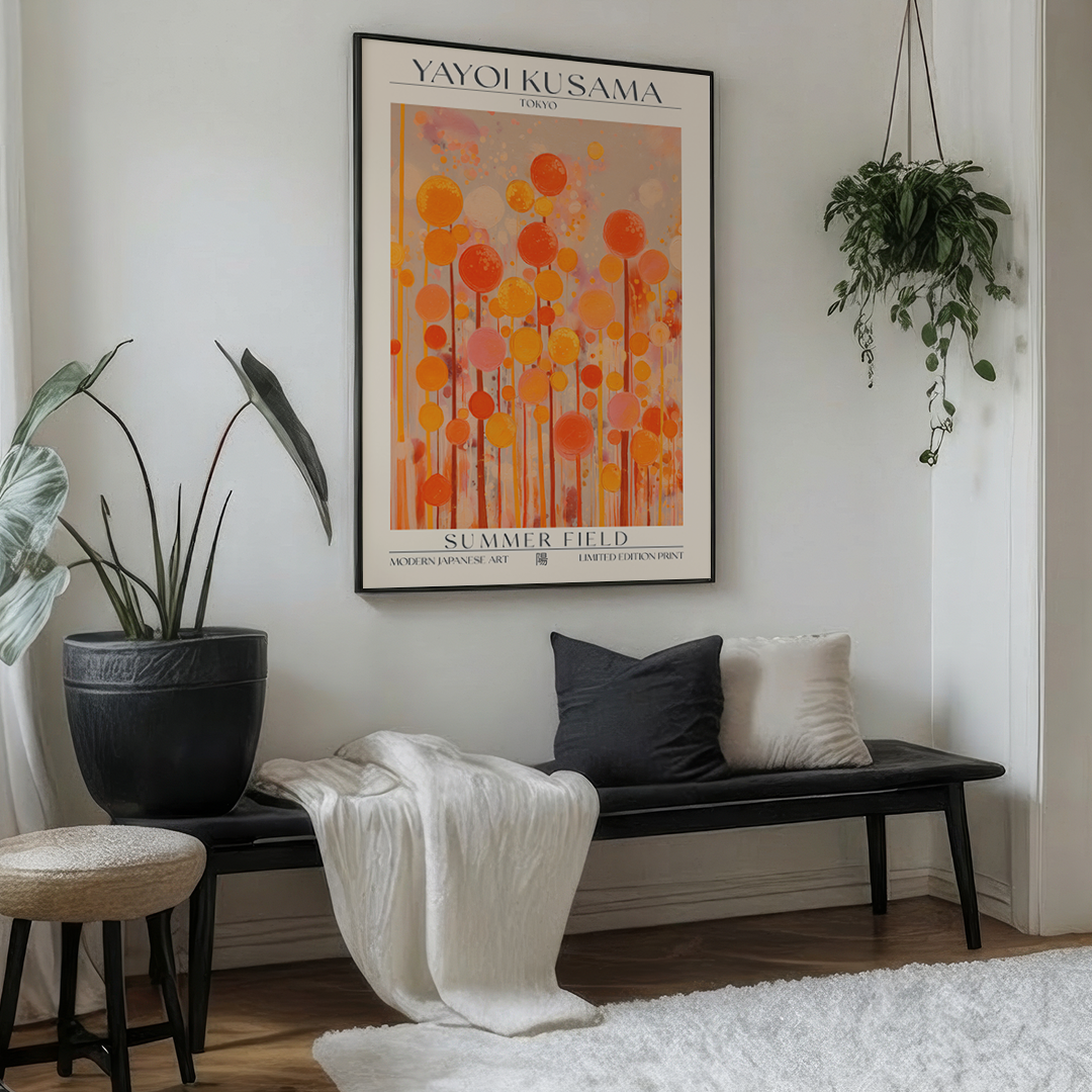 Living room with a bench, plants, and a colorful abstract art print on the wall.