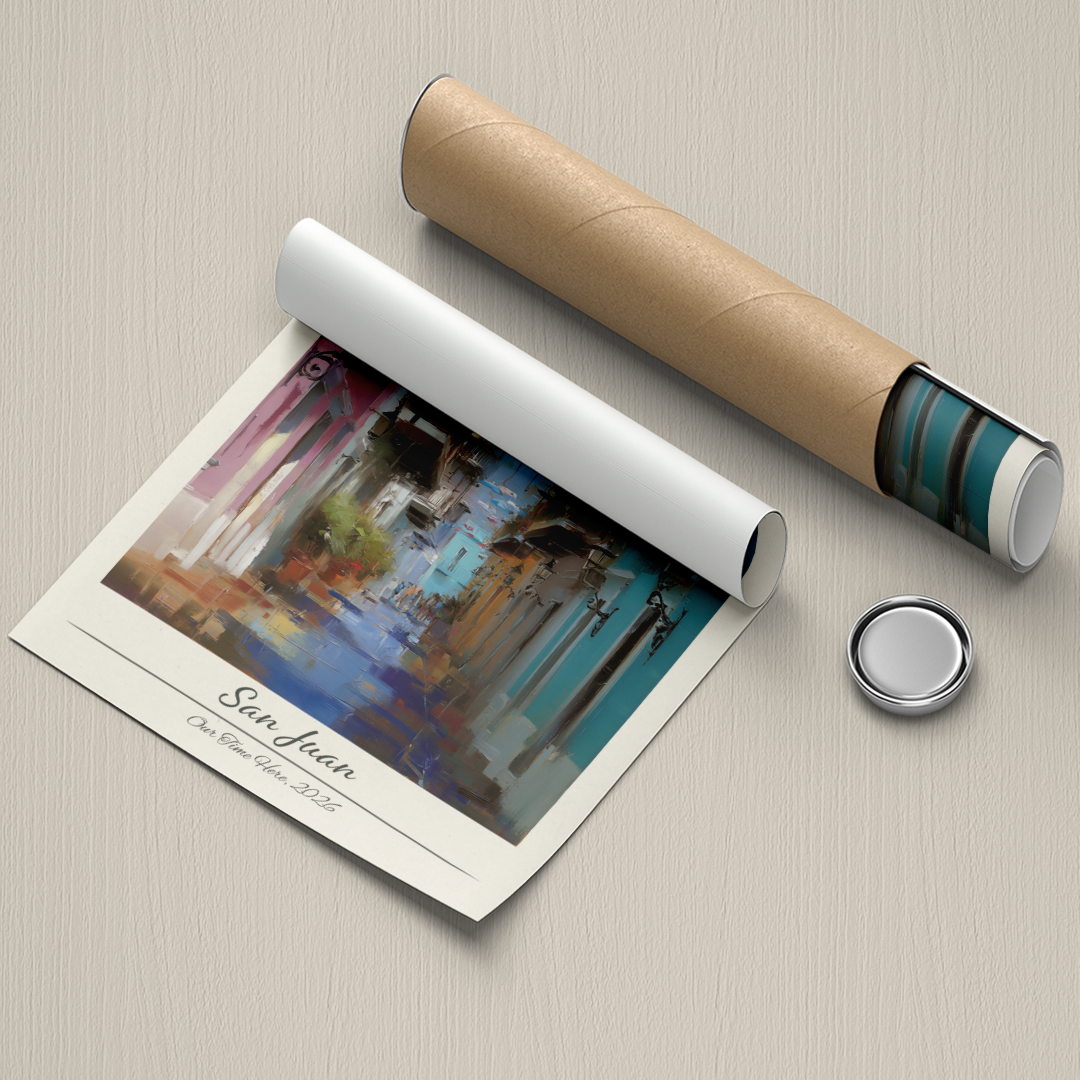 Rolled-up poster of San Juan with a cylindrical object and button on a beige surface