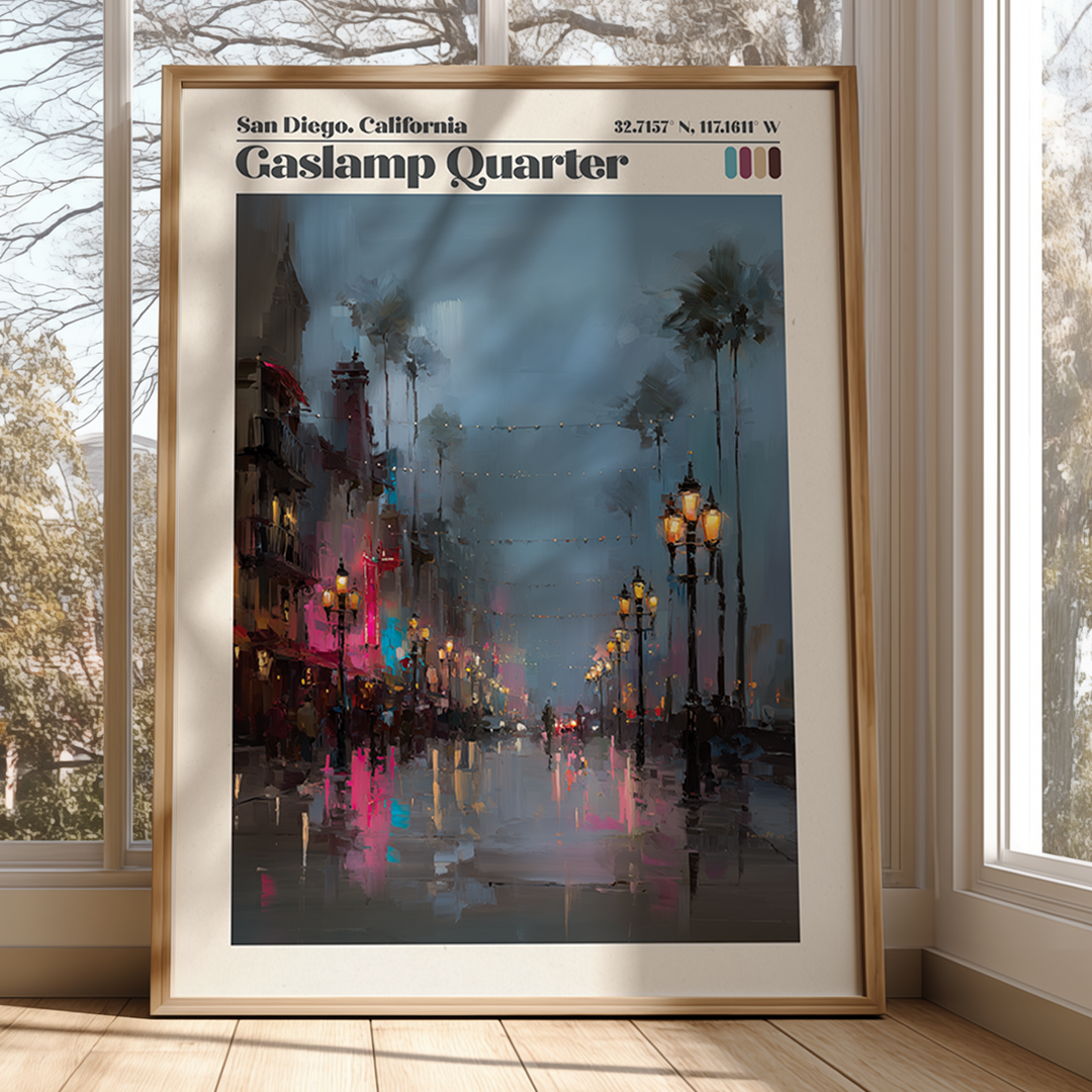 Framed artwork of Gaslamp Quarter, San Diego, California, on a wall with large windows.