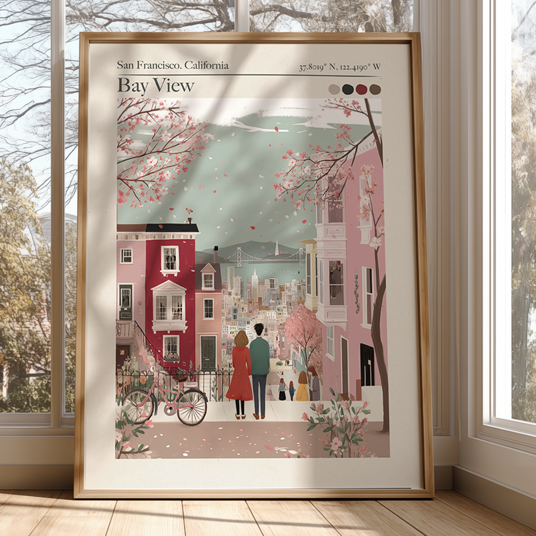 Framed illustration of a couple walking in a quaint town with cherry blossoms, displayed in a room with large windows.