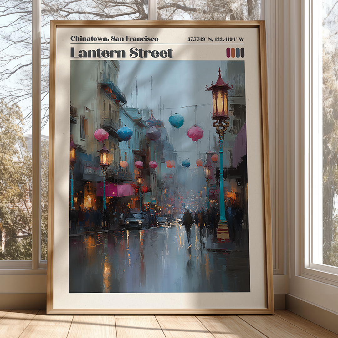 Framed artwork of a city street scene with colorful lanterns in Chinatown, San Francisco.