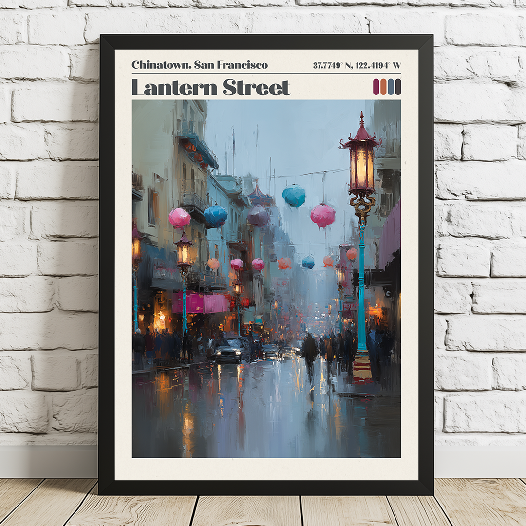Framed artwork of a city street scene with colorful lanterns in Chinatown, San Francisco.