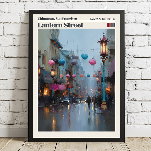 Framed artwork of a city street scene with colorful lanterns in Chinatown, San Francisco.