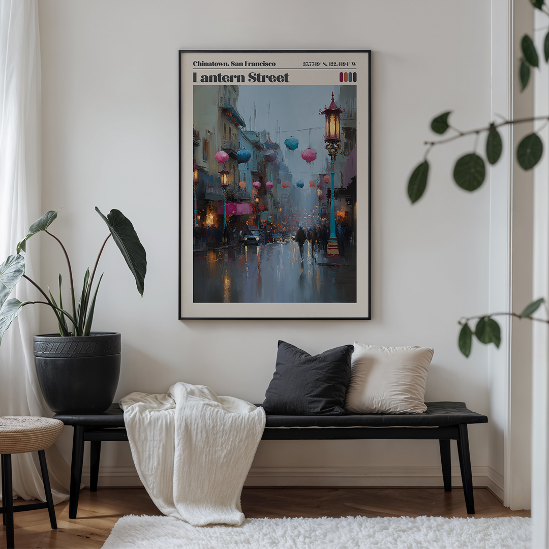 Framed artwork of a city street scene with colorful lanterns in a living room.