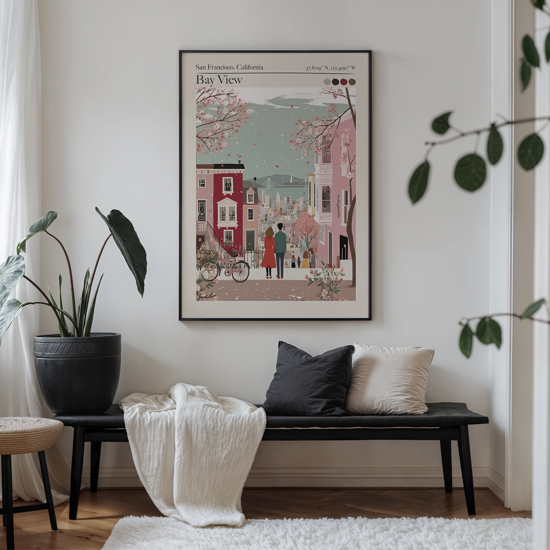 Living room with a framed poster of Bay View, San Francisco on the wall above a bench.