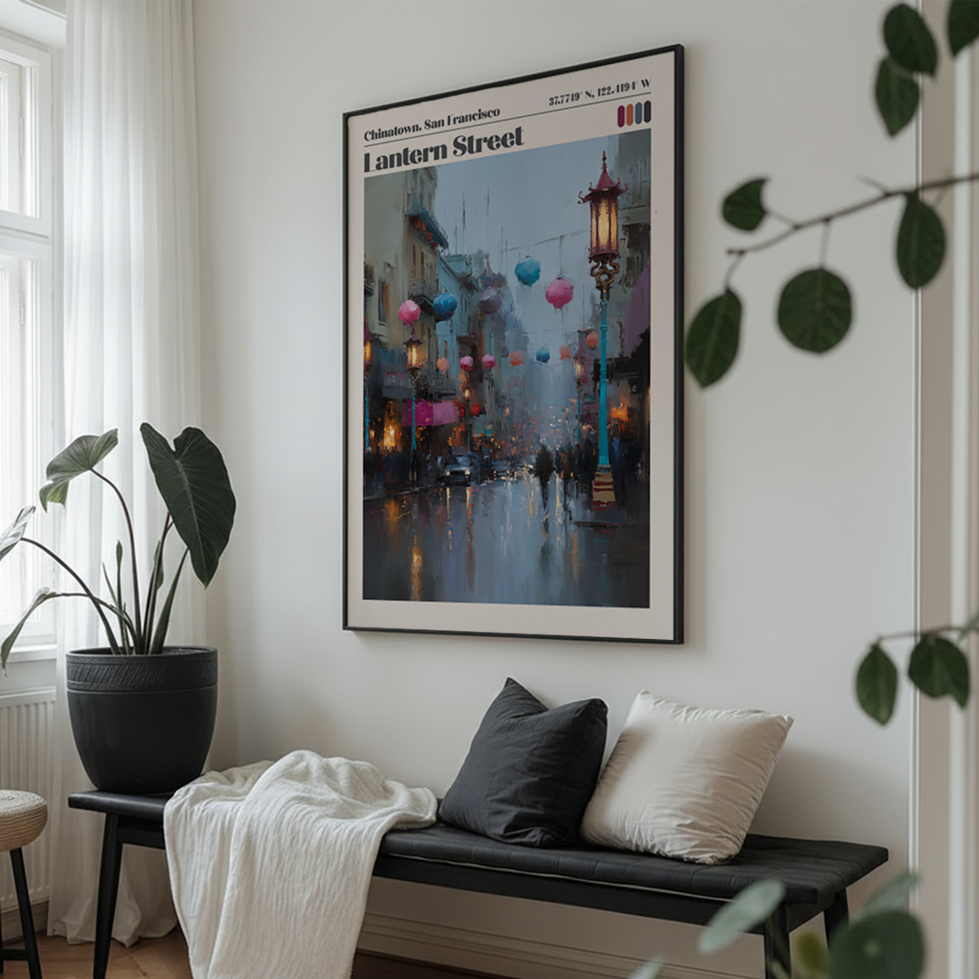 Framed artwork of a city street scene with colorful lanterns in a living room.