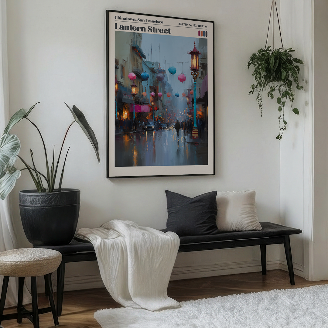 Living room with a bench, plants, and a framed artwork on the wall.