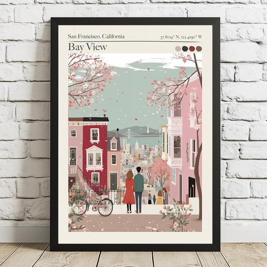 Framed artwork of a city scene with cherry blossoms on a white brick wall.
