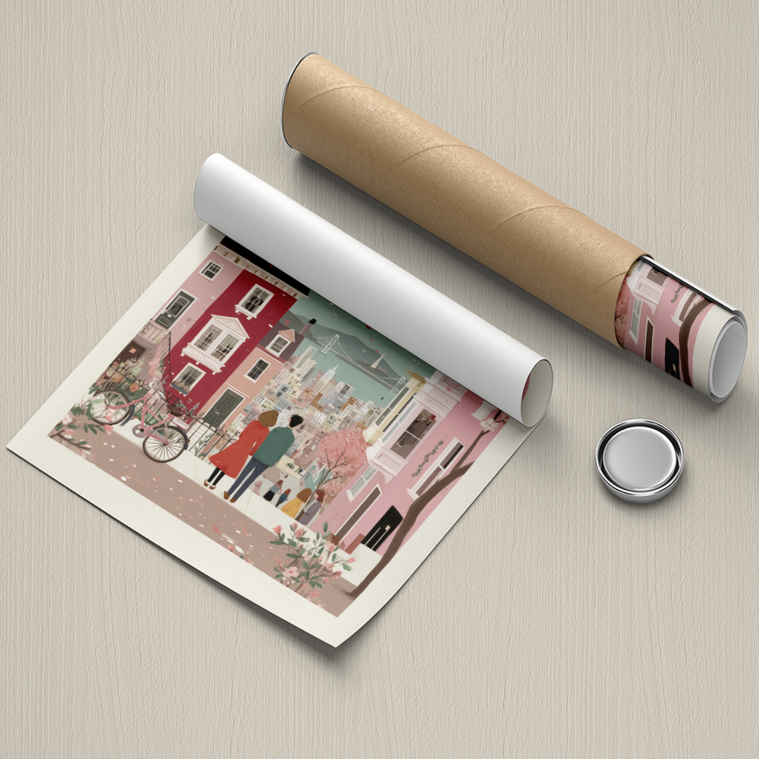 Illustrated poster of a street scene with people, a bicycle, and a roll of paper on a beige surface.