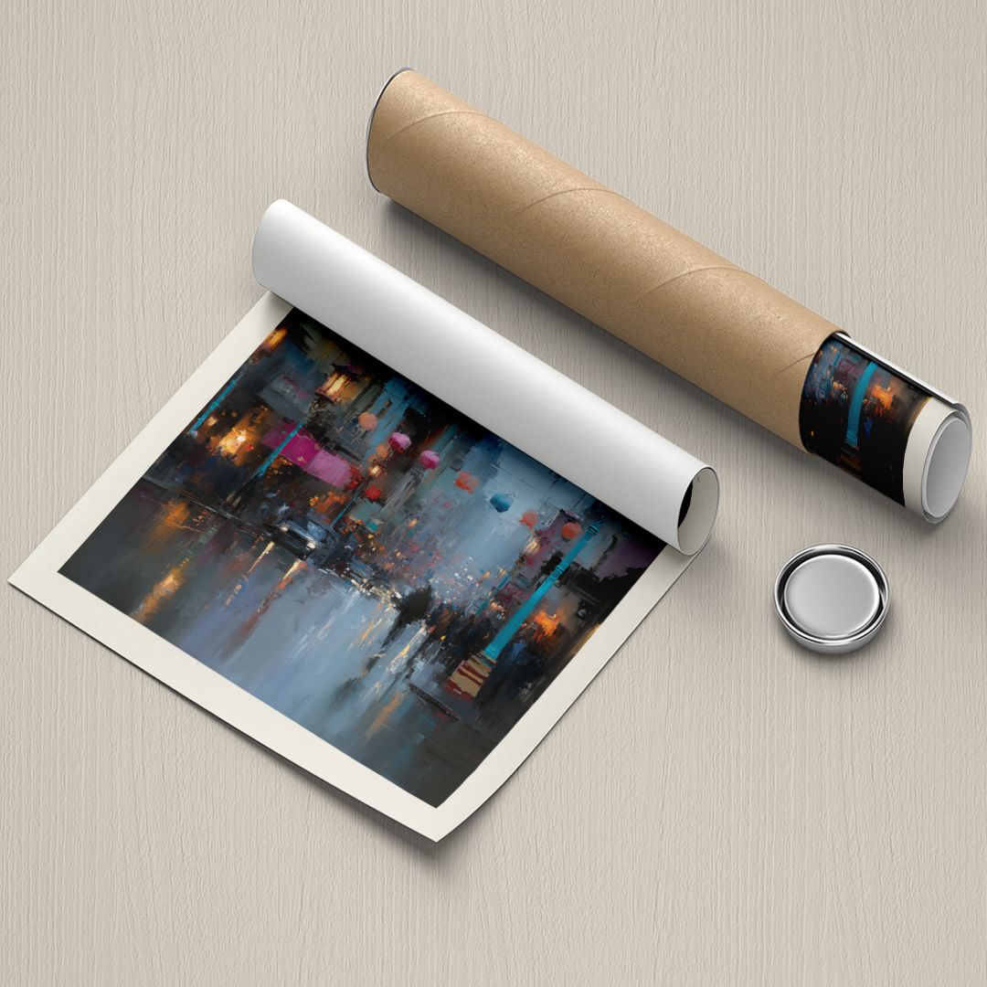 Rolled-up poster with a colorful urban scene, unrolled on a textured surface with a cylindrical object and button.