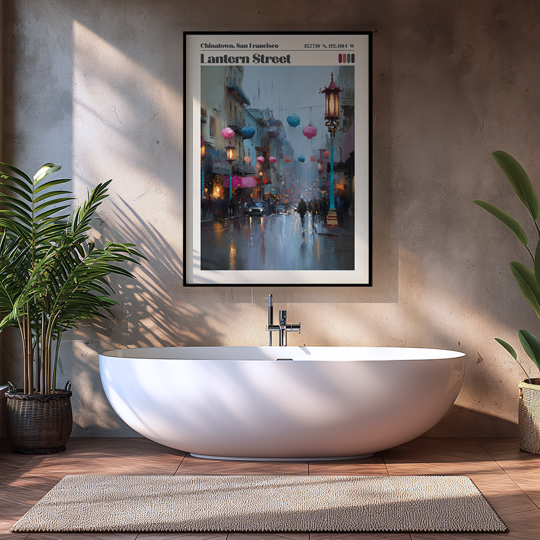 Modern bathroom with a freestanding bathtub, framed artwork on the wall, and plants.