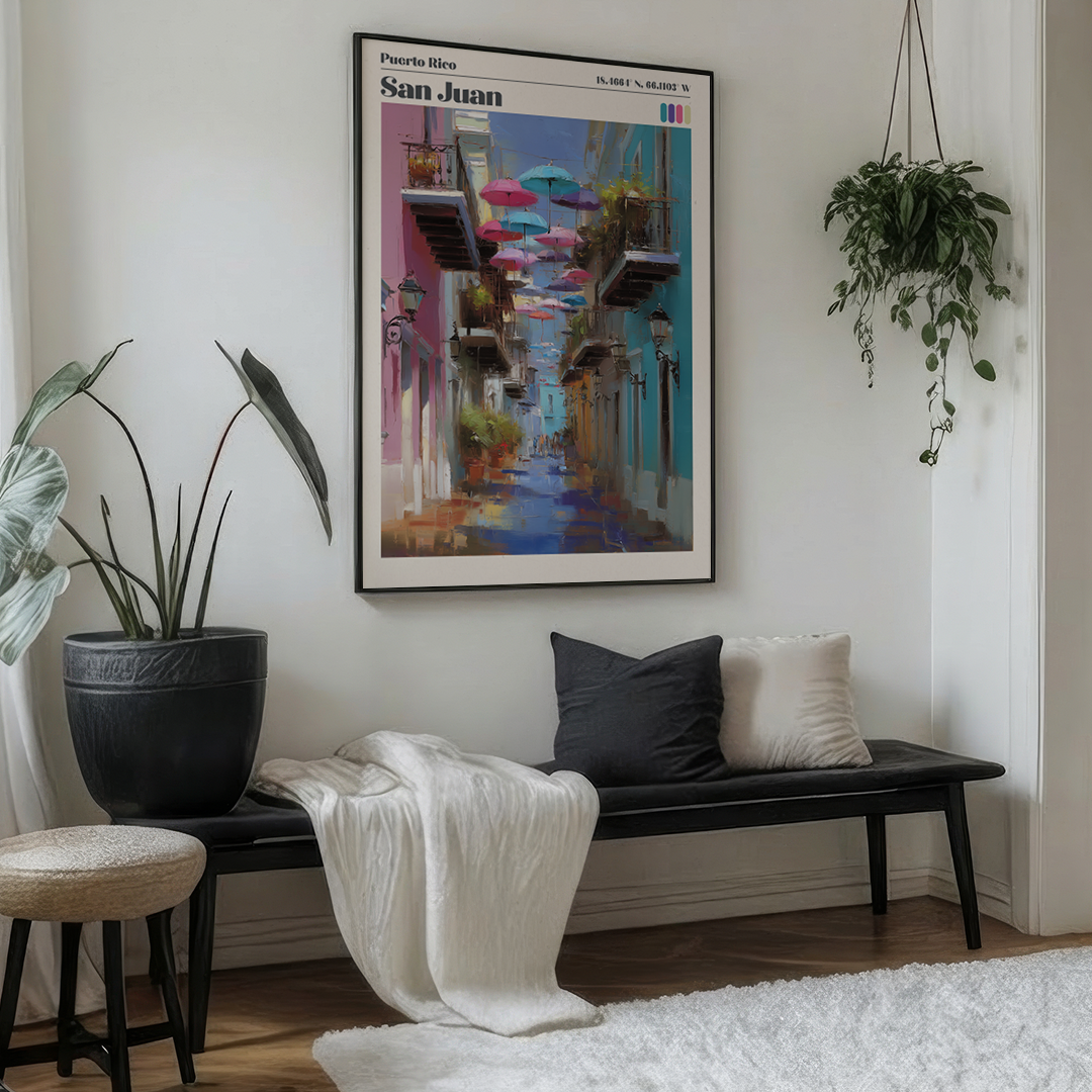 Living room with a bench, cushions, and a colorful framed picture on the wall.
