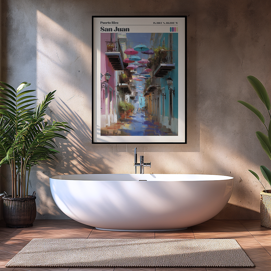 Modern bathroom with a freestanding bathtub, framed artwork, and plants.
