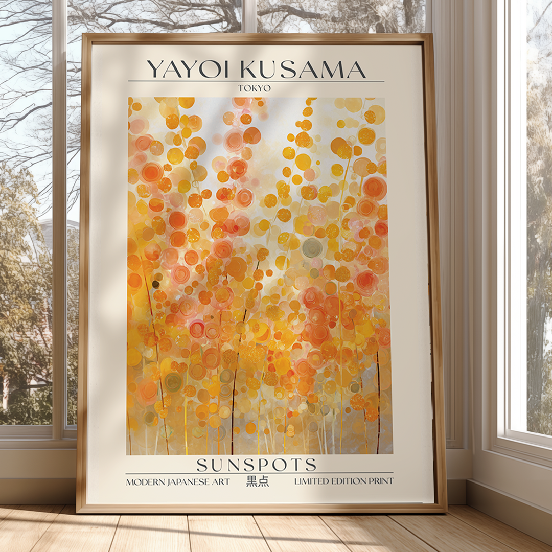 Framed Yayoi Kusama art print titled 'Sunspots' in a room with large windows.