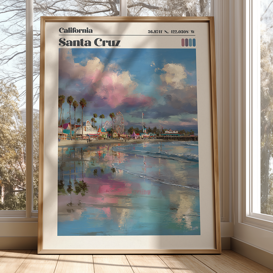 Framed artwork of Santa Cruz, California with a beach scene and palm trees.