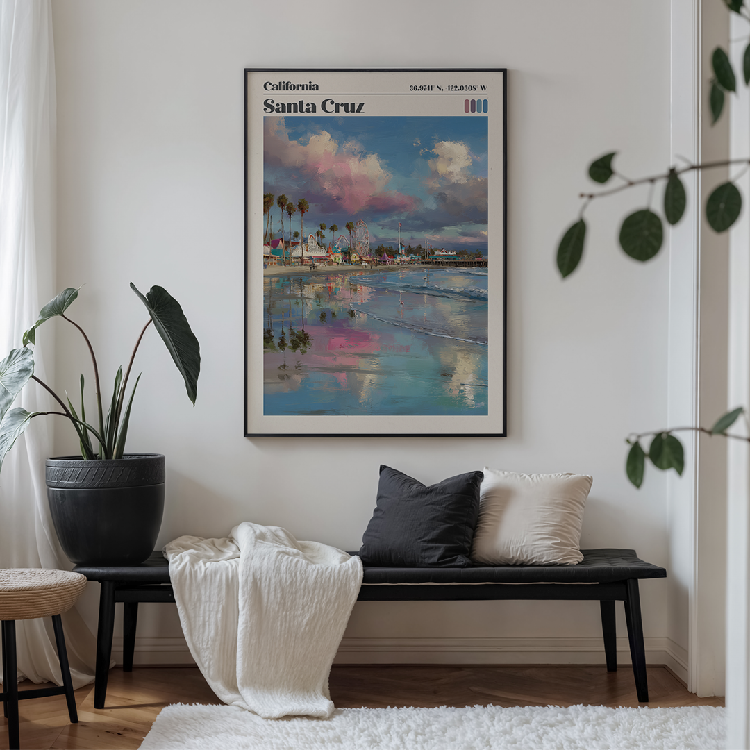 Framed artwork of Santa Cruz on a wall above a bench with cushions.