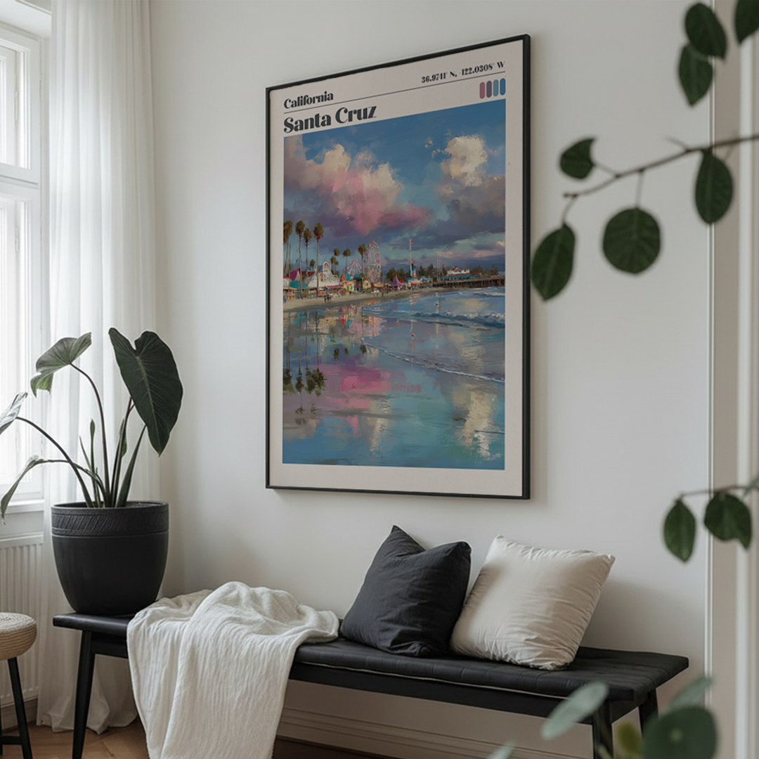 Framed artwork of Santa Cruz on a wall above a bench with cushions.