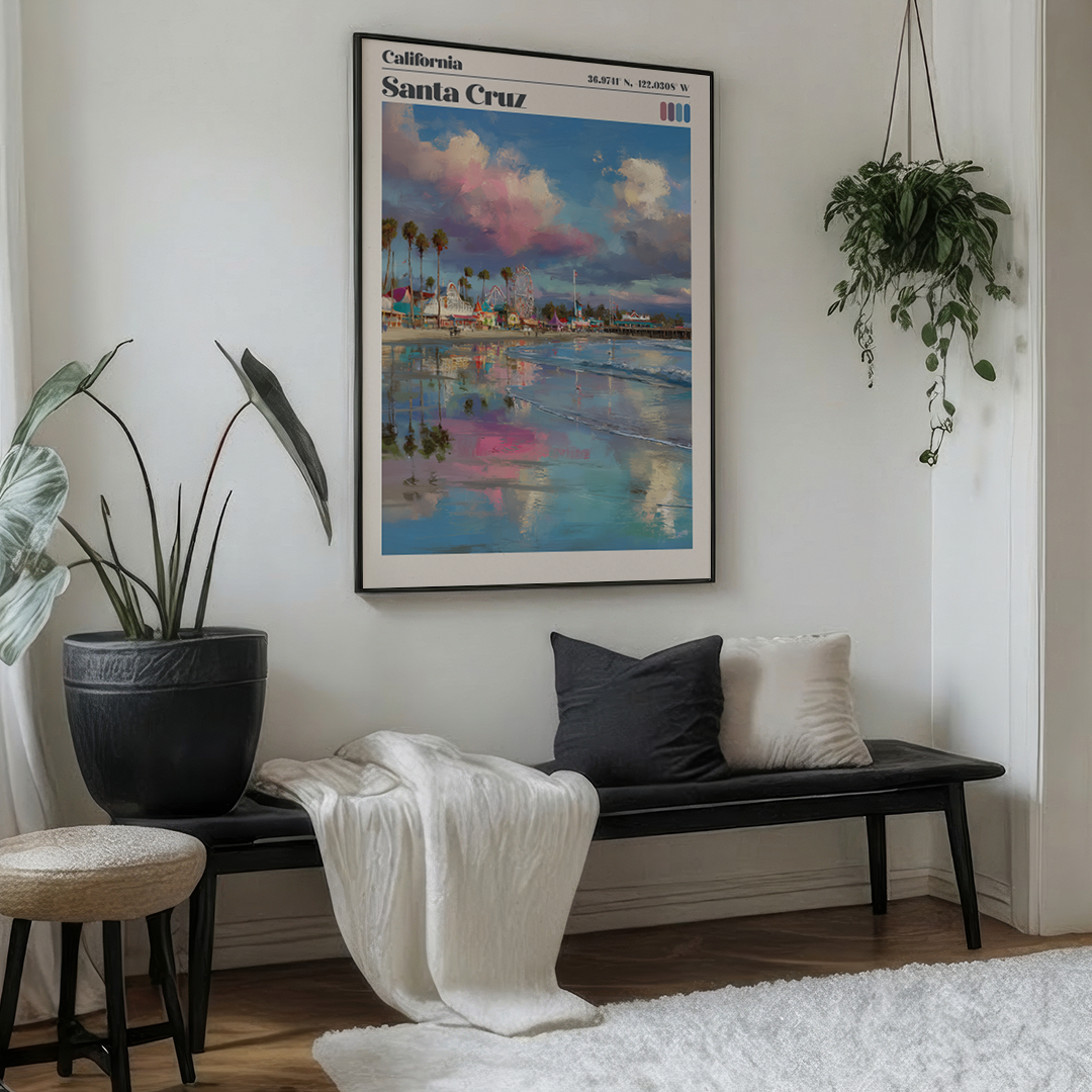 Living room with a bench, cushions, and a large framed artwork of Santa Cruz on the wall.