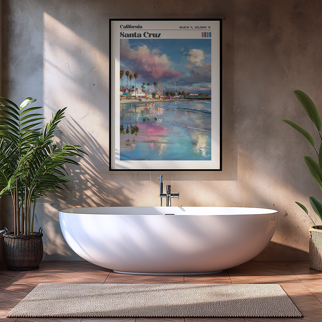 Modern bathroom with a freestanding bathtub, framed artwork, and plants.