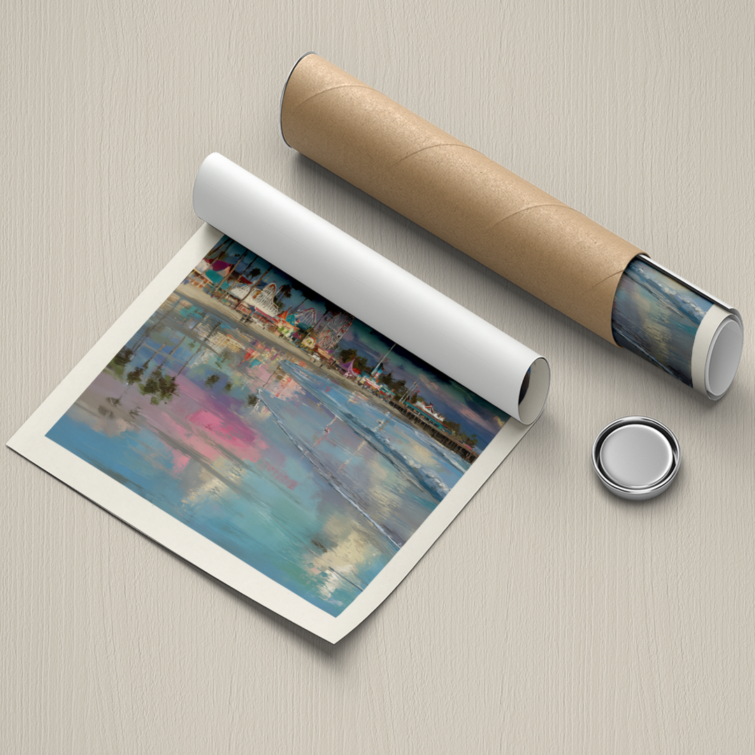 Rolled-up poster of a cityscape with a cylindrical packaging on a beige surface