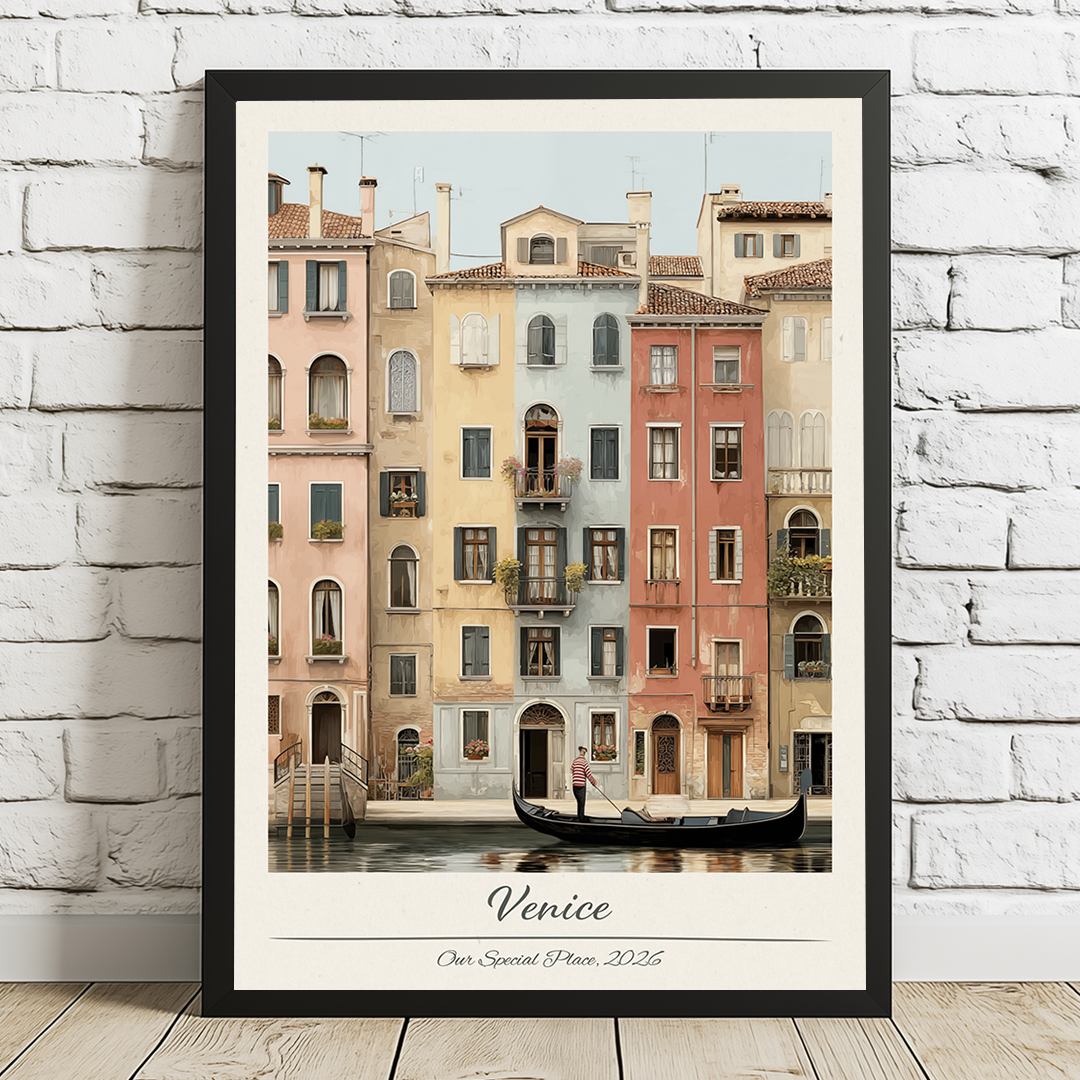 Framed artwork of a canal scene with gondola and colorful buildings in Venice.