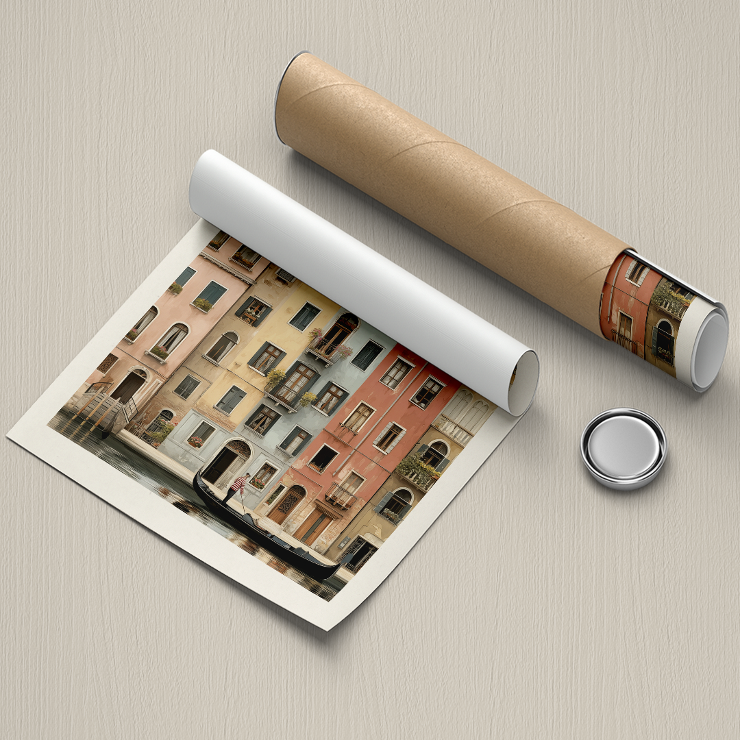 Unrolled poster of architectural design with a roll of paper and button on a beige background