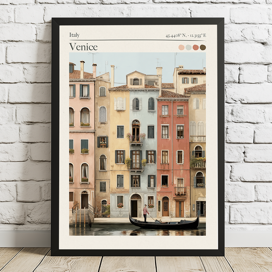 Framed artwork of Venice with gondola and colorful buildings on a white brick wall.