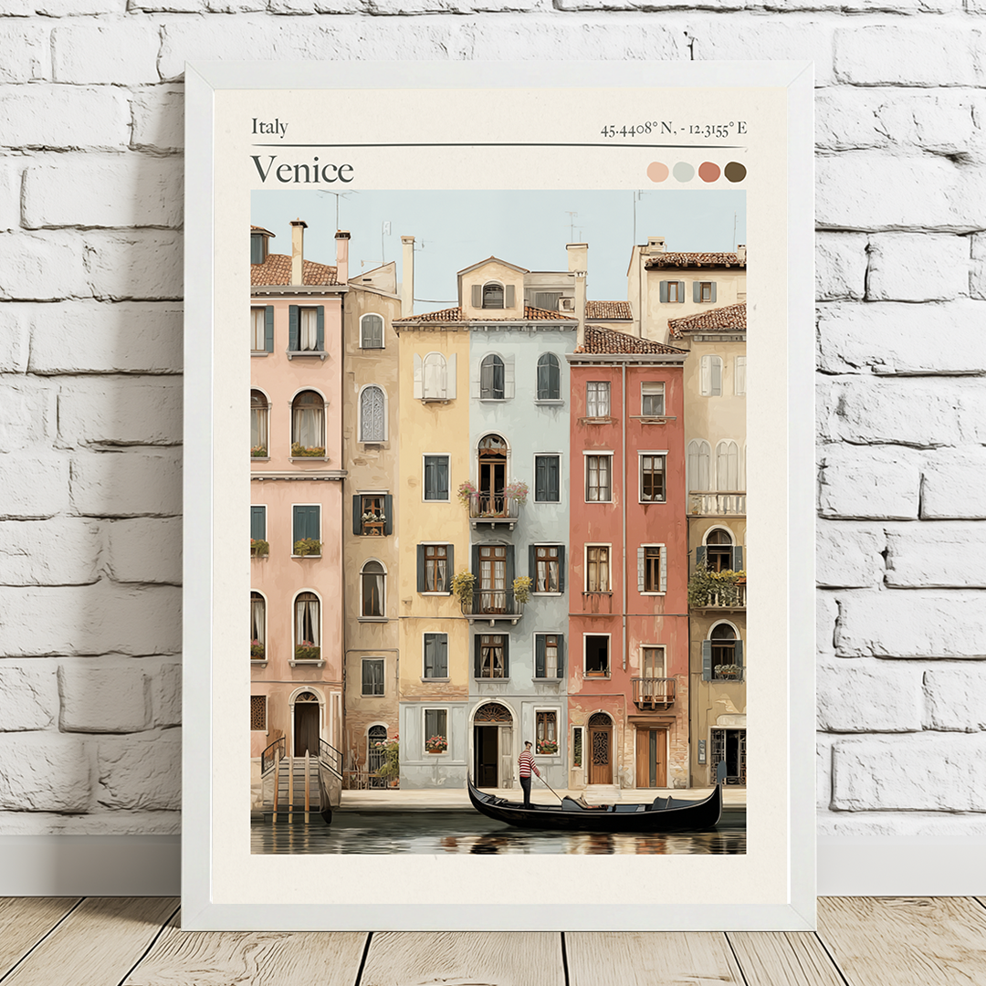 Framed artwork of a canal scene with colorful buildings in Venice, Italy.