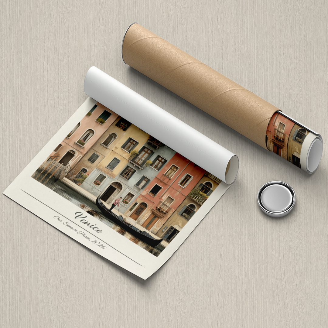 Roll of paper with a printed design of a cityscape, unrolled on a textured surface.