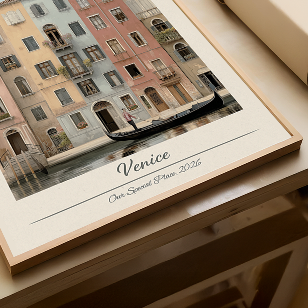 Framed print of a Venice scene with a gondola, featuring the text 'Venice Our Special Place 2026'.